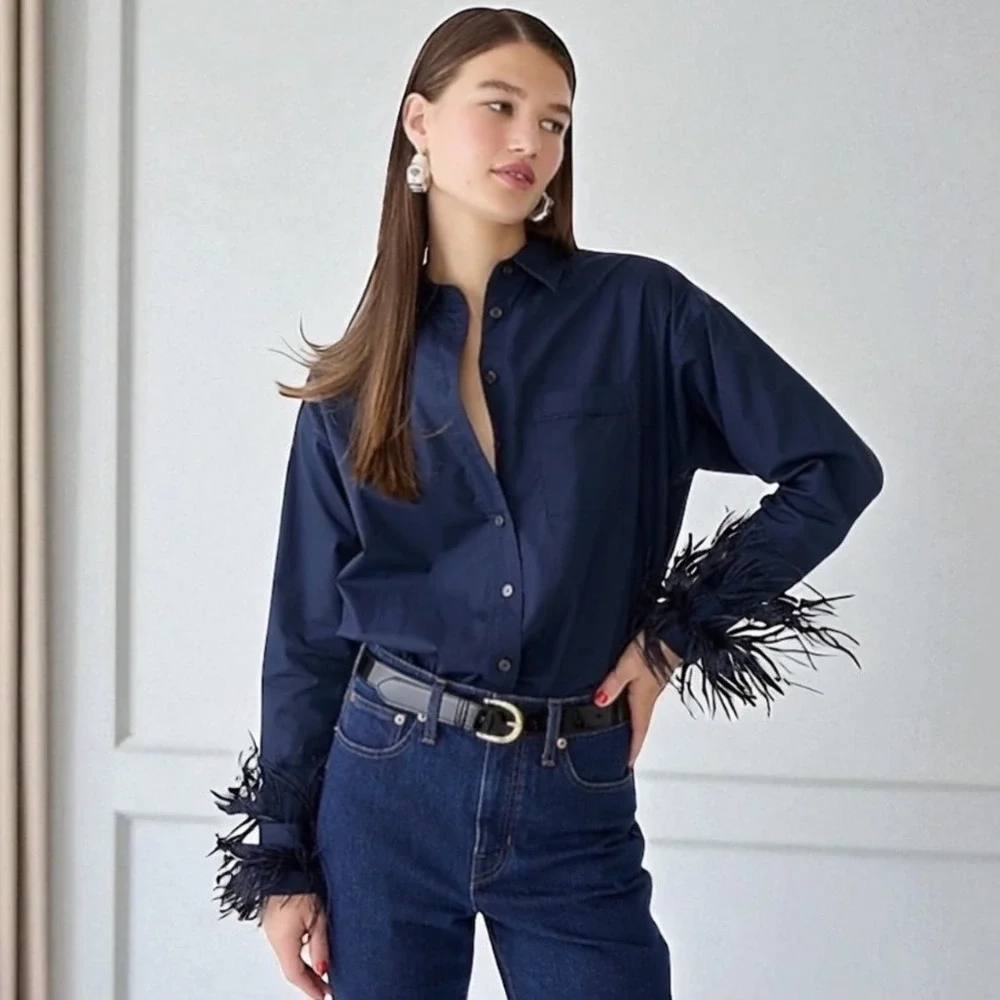 J CREW COLLECTION Feather Trim Cotton Poplin Button Up Shirt Size 10 In‎ Navy